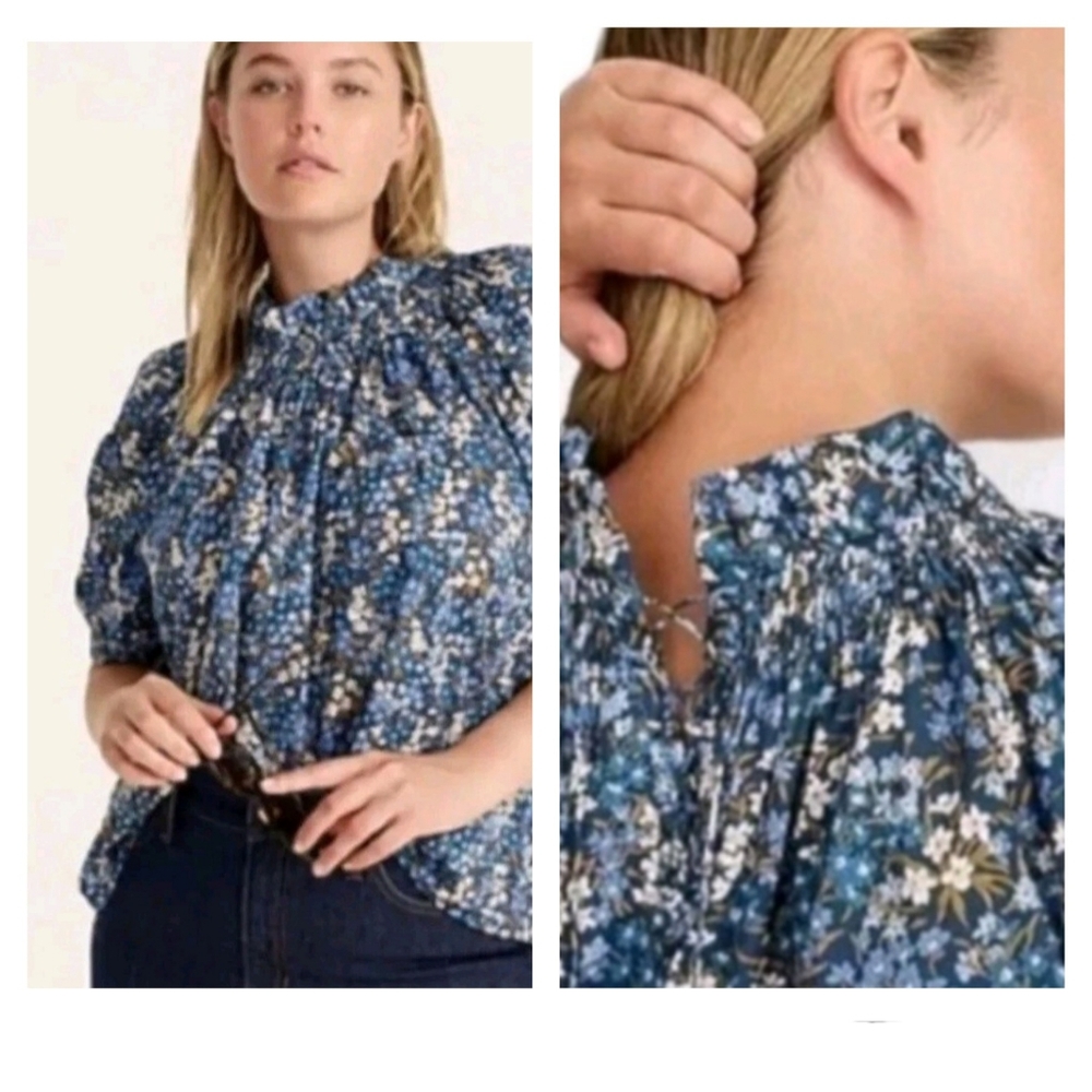 J. Crew Liberty Print Short Puff Sleeve Blue Floral Blouse Top Size XS